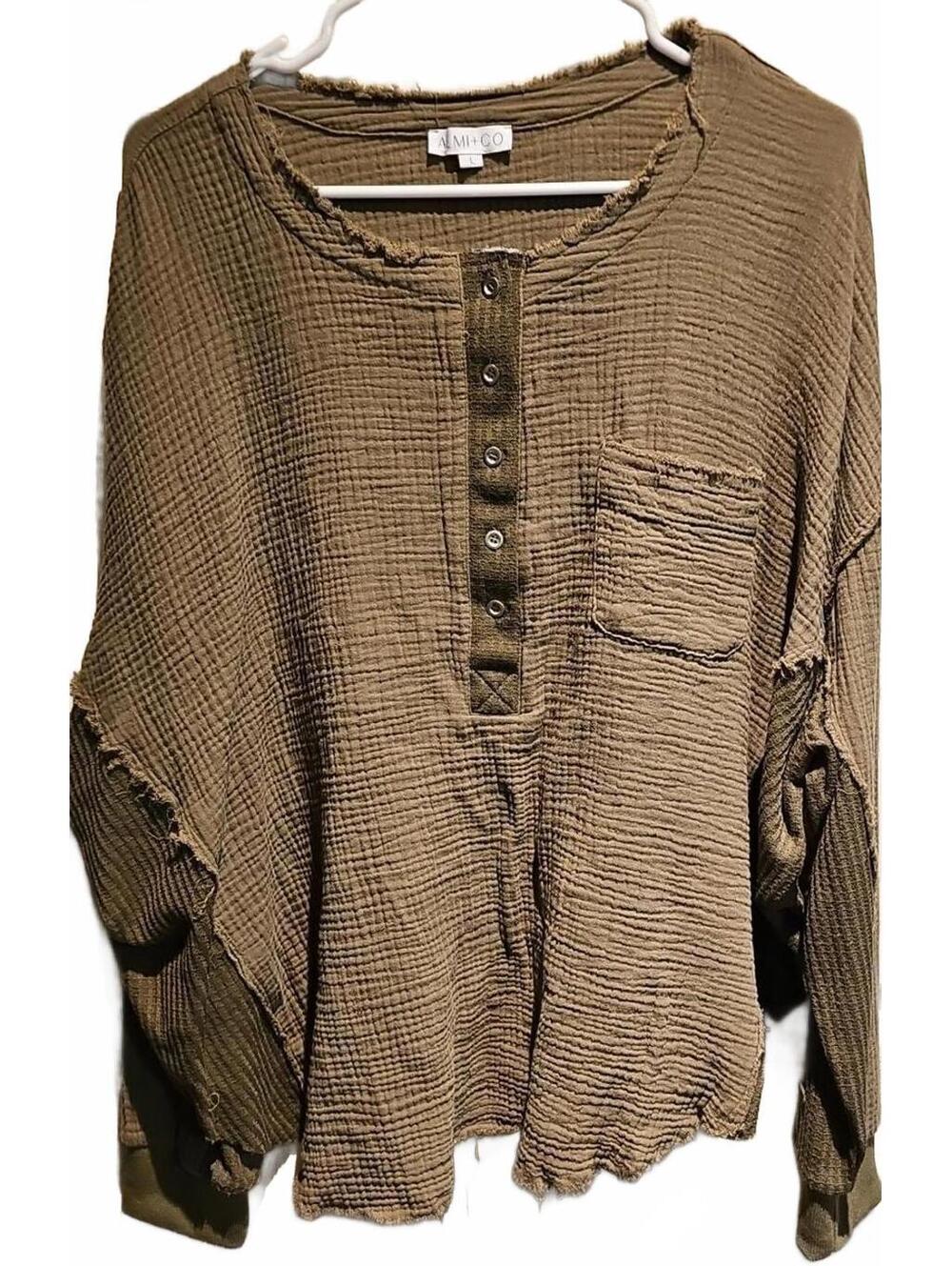 Aemi co Raw Edge Long Sleeve Top Olive Green Size L